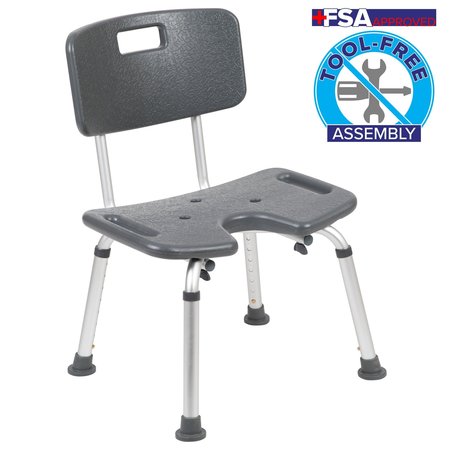 Flash Furniture 15-1/4" L, Plastic, Aluminum, Gray U-Shaped Shower Chair DC-HY3502L-GRY-GG